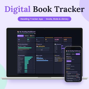 Könnte beinhalten: Eine digitale Buch-Tracker-Oberfläche auf einem Laptop-Bildschirm und einem Smartphone. Das dunkel gestaltete Dashboard zeigt Lesestatistiken, Bibliotheksverwaltung und Ziele mit Textbeschriftungen wie Digital Book Tracker und My Reading Dashboard.