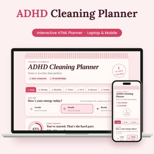 Planificador de limpieza para personas con TDAH, tabla de tareas interactiva, reinicio del hogar (descarga digital)