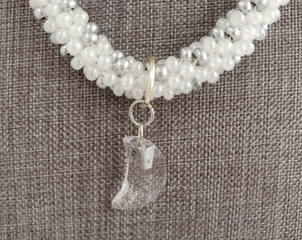 White & Silver Kumihimo Necklace with Moon Crystal Pendant