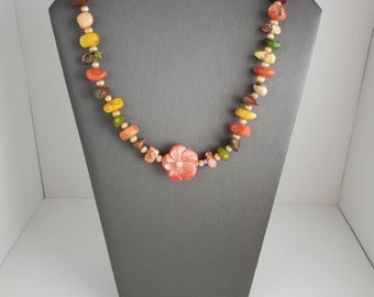 Mother of Pearl Sculpted Flower Focal, Dyed Jasper, Fresh Water Pearl Necklace and Earring Set