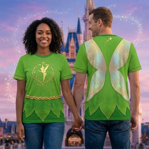 以下が含まれることがあります： 鮮やかなグリーンのTシャツ。前面には円形のフィリグリーフレームに入ったティンカーベルの金色のシルエットと編み込み模様の金色のウエストラインがあり、背面には大きな虹色の妖精の羽がプリントされ、裾はスカラップ状になっています。