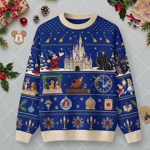 Disney Christmas Ugly Sweater, Sorcerer Mickey Maleficent Castle Jumper, Royal Blue Fantasy Holiday Crewneck Sweatshirt