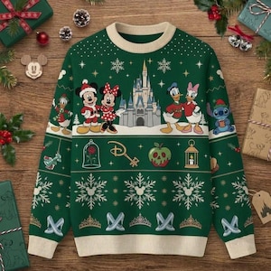 Disney Christmas Sweater, Mickey Donald Castle Glass Slipper Knit Pullover, Green Fair Isle Holiday Crewneck