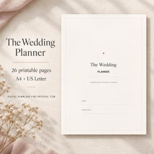 May include: A digital wedding planner document with 26 printable pages in A4 and US Letter sizes. The cover features the text The Wedding Planner, a small dot, and fields for names and wedding date. The design is minimalist with black text.