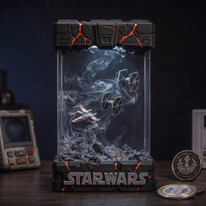 Könnte beinhalten: Eine rechteckige Vitrine mit einem Star Wars-Diorama, in dem ein X-Wing und zwei TIE-Jäger in weißem Rauch schweben. Basis und Oberseite sind schwarz mit leuchtend roten Rissen. Die vordere Basis zeigt den silbernen Schriftzug STAR WARS.