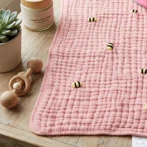 100% Cotton Muslin burping cloths with wool embroidered bumble bees