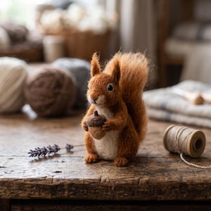 Könnte beinhalten: Eine nadelgefilzte Eichhörnchenfigur aus strukturiertem, ingwerbraunem und cremefarbenem Wollfilz. Das Eichhörnchen hat spitze Ohren, einen buschigen Schwanz und dunkle Augen und hält eine kleine braune Filzeichel zwischen seinen Vorderpfoten.