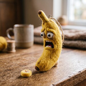 Op de afbeelding: Een geel naaldgevilte bananenornament met een geschokte gezichtsuitdrukking, voorzien van grote witte ogen, een wijd open mond met zichtbare tanden en een kleine bruine steeltop. Een kleine, ronde, gele vilten schijf ligt op het oppervlak.