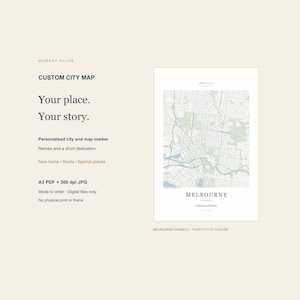 May include: A digital custom city map print featuring a street grid of Melbourne, Australia, with the text 'MOMENT ATLAS', 'CUSTOM CITY MAP', 'Your place. Your story.', 'MELBOURNE', 'AUSTRALIA', and 'A place to call home.' The map uses muted blue and green tones.