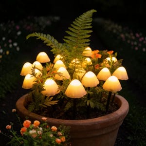 May include: A terracotta planter filled with soil, green fern fronds, orange marigold flowers, and multiple small, glowing mushroom-shaped lights on thin black stakes. The mushroom caps emit a warm, soft yellow light in the dark.