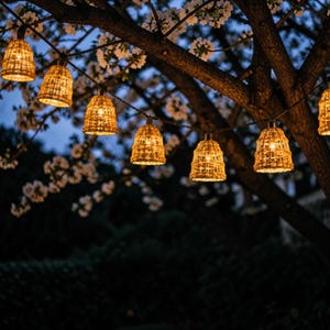 May include: A string of outdoor lights featuring bell-shaped, woven tan shades. Each shade houses a warm, glowing bulb, creating a soft illumination. The light strand is draped across the branches of a tree with white blossoms at twilight.