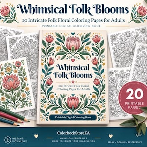 Puede incluir: Un libro de colorear digital titulado Whimsical Folk Blooms que contiene 20 intrincadas páginas de flores para colorear para adultos. La portada muestra una ilustración central de flores rosas y hojas verdes con el texto Whimsical Folk Blooms.