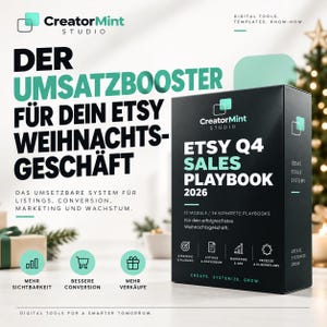 Op de afbeelding: Een zwarte rechthoekige doos met het label Etsy Q4 Sales Playbook 2026 van CreatorMint Studio. De doos bevat tekst in het Duits en Engels, waaronder 12 modules, 36 playbooks en iconen voor strategie, listings, marketing en processen. Het ontwerp heeft blauwgroene accenten.