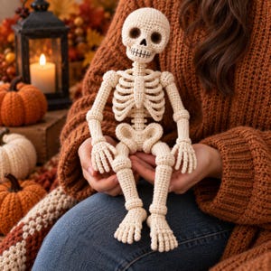 May include: A cream-colored crocheted skeleton figurine featuring a detailed skull with dark eye sockets, a rib cage, articulated limbs, and defined finger and toe structures. The yarn-based construction displays a consistent stitch pattern.