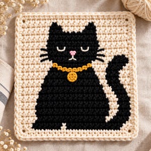 May include: A square crochet piece featuring a black cat with closed eyes, a pink nose, and black whiskers. The cat wears a yellow collar with a circular tag. The background of the square is cream-colored, and the entire piece has a cream border.