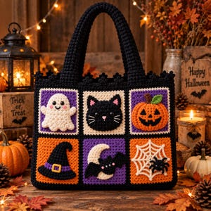 May include: A black crocheted tote bag featuring six square panels with Halloween-themed appliques. The designs include a white ghost, a black cat face, an orange jack-o'-lantern, a black witch hat, a bat with a crescent moon, and a spider web.
