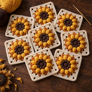May include: Eight square crochet motifs featuring a central dark brown textured flower surrounded by bright yellow petals, framed by a cream-colored border. The motifs are arranged on a dark wooden surface with yarn balls and a gold crochet hook.