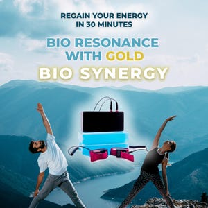 Puede incluir: Un dispositivo electrónico rectangular negro con dos cables conectados a una base azul claro, acompañado de dos correas de muñeca magenta. El texto dice: REGAIN YOUR ENERGY IN 30 MINUTES, BIO RESONANCE WITH GOLD, BIO SYNERGY.