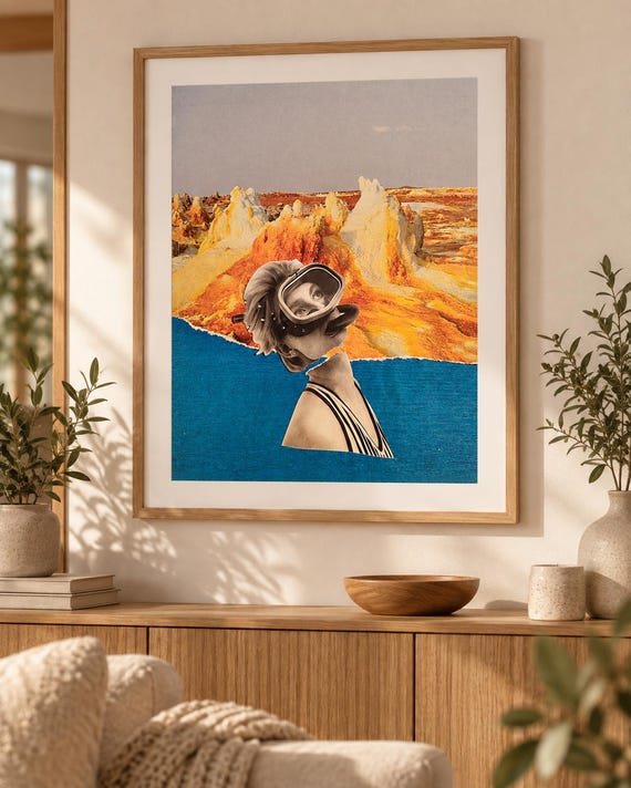 Surreal Diver Collage Art Print, Handmade Paper, Orange Landscape (Physical Print)