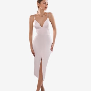 Satin Midi Slip Dress, Spaghetti Straps, Deep V Neck, Open Back and Front Slit