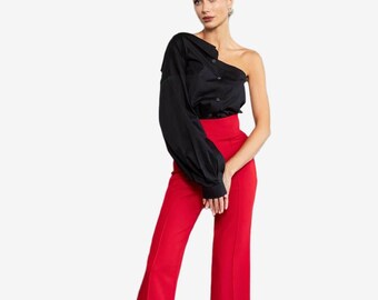 Culotte rouge en crêpe à découpe diagonale pour femme, pantalon cocktail court à taille haute et jambes larges