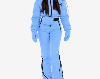 Women's Light Blue Ski Jumpsuit, Insulated One Piece Snowsuit with Puffer Upper and Matching Waist Bag
