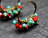 Hoop earrings, made with red and turquoise faceted czech beads