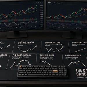 Könnte beinhalten: Eine schwarze, rechteckige Schreibtischunterlage mit weißen, aufgedruckten Börsenchartmustern wie Bull Flag, Cup and Handle, Double Bottom, Ascending Triangle, Head and Shoulders, The Bart Simpson, Falling Knife und Hopium Bounce mit Text.