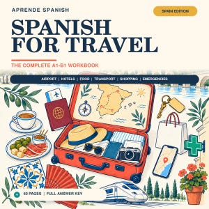 May include: A workbook titled Spanish for Travel Spain Edition featuring a red suitcase filled with a straw hat, camera, and sunglasses. Surrounding items include a passport, plane ticket, food, keys, a smartphone with a map, and a train.
