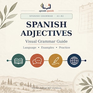 May include: A Spanish grammar visual guide titled Spanish Adjectives A1-B2. The cover features the text aprende spanish, four circular icons representing a book, speech bubbles, a pen, and a globe, and a landscape illustration at the bottom.