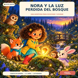 May include: A book cover titled NORA Y LA LUZ PERDIDA DEL BOSQUE featuring a curly-haired child in a yellow jacket and red boots interacting with a glowing acorn. The scene includes an owl, a fox, a hedgehog, and a rabbit in a forest.