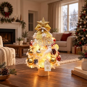 Tabletop Christmas Tree with Lights, 45 cm White Flocked Gold Mini Desk Decor