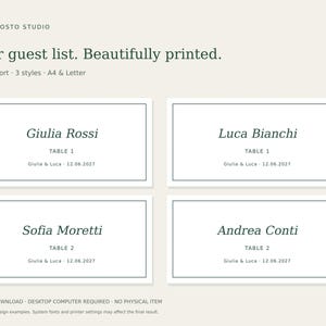 May include: Four rectangular white place cards with dark green borders and text. Each card displays a guest name, table number, and the text Giulia & Luca - 12.06.2027. The top of the image features the text Segnaposto Studio, Your guest list. Beautifully printed. CSV import - 3 styles - A4 & Letter.