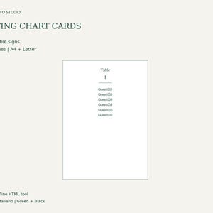 May include: A white rectangular seating chart card featuring the text Table 1 followed by a list of Guest 001 through Guest 006. The card includes the text SEGNAPOSTO STUDIO, SEATING CHART CARDS, CSV to table signs, 5 x 7 inches, A4 + Letter.