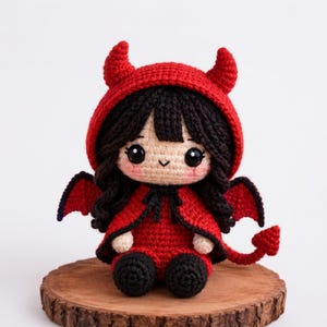 May include: A handcrafted crochet doll featuring a character with black hair, wearing a red hooded cape with small horns, matching red wings, and a pointed tail. The figure has large black eyes, a small stitched mouth, and light skin.