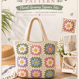 Może przedstawiać: Wzór na szydełkowaną torbę typu tote z motywem kwiatowych kwadratów babuni. Tekst na obrazku to Crochet Tote Bag Pattern, Floral Granny Square Tote, Boho Beach Bag, Cottagecore Summer Tote, Step by Step Instructions, Clear Photos, Beginner Friendly, Beautiful & Practical.