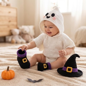 Può includere: Una tutina con cappuccio a forma di fantasma lavorata all'uncinetto in bianco con occhi neri e guance rosa, abbinata a scarpine nere con polsini viola e fibbie gialle, e un cappello da strega nero coordinato con fascia viola e fibbia gialla.