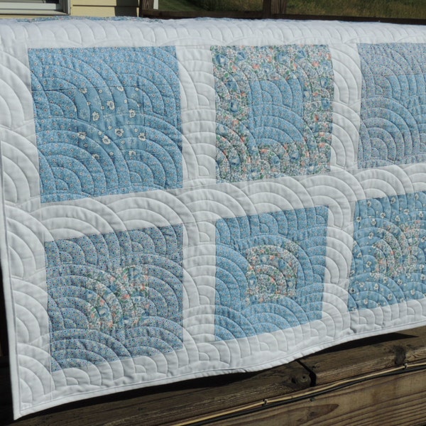 Handmade Baby Quilt Blue White Square Baptist Fan Quilting