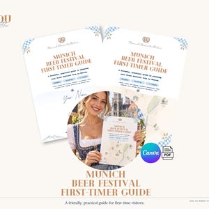 May include: A digital Munich Beer Festival First-Timer Guide document featuring a blue and white checkered border, a pretzel icon, and text detailing planning tips for a trip to Munich. The guide includes sections for itinerary, packing, and logistics.