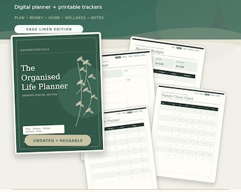 Agenda numérique non daté | Sage & Linen | PDF de 35 pages avec liens hypertextes, fichiers SVG et Excel modifiables