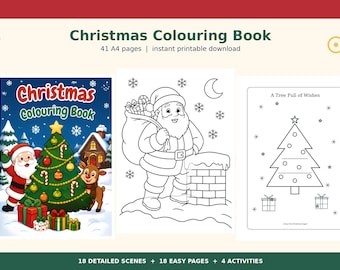 Livre de coloriage de Noël à imprimer | 41 pages A4, Père Noël, rennes, bonhomme de neige (Téléchargement numérique)