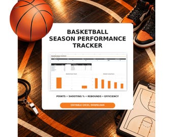 Modèle Excel de suivi de saison de basketball : statistiques des joueurs, tableau des scores, planificateur pour entraîneur.