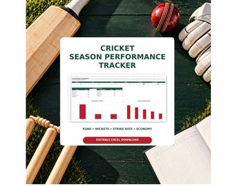 Modèle Excel de suivi de saison de cricket : statistiques de frappe et de lancer, historique des scores, entraîneur.