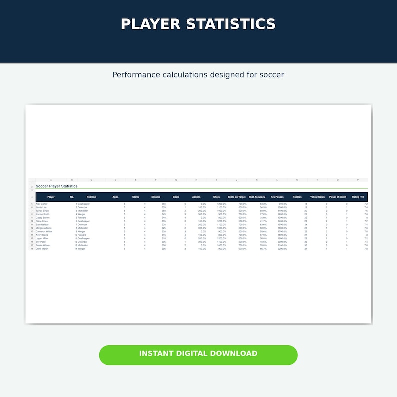 Soccer Season Performance Tracker, Player Stats, Match Log (excel ...