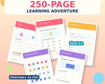 Pack d'apprentissage pour enfants de 250 pages | Lettres, chiffres, phonétique, labyrinthes (PDF A4)