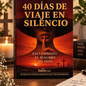 May include: A hardcover book titled 40 DÍAS DE VIAJE EN SILENCIO with a cover featuring a person in a wide-brimmed hat holding a finger to their lips. The sunset background includes three crosses, the text ESCUCHANDO EL SUSURRO DE DIOS, and SabioCasa.
