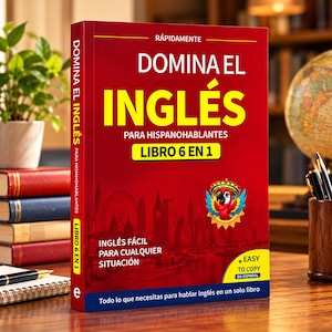 May include: A red book titled Domina el Inglés para Hispanohablantes, Libro 6 en 1. The cover features a parrot illustration, a silhouette of London, and text including Inglés fácil para cualquier situación and Easy to copy en español.