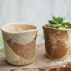 May include: Two handmade ceramic planters with a rustic aesthetic. One is empty, showcasing a beige, brown, and blue color scheme. The other contains a green succulent. The planters are on a wooden surface.