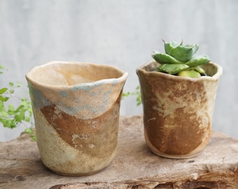May include: Two handmade ceramic planters with a rustic aesthetic. One is empty, showcasing a beige, brown, and blue color scheme. The other contains a green succulent. The planters are on a wooden surface.
