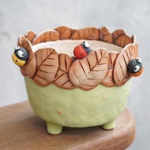 Puede incluir: Una maceta de cerámica con una base verde claro y un borde decorado con formas de hojas marrones. El borde también presenta tres figuras de mariquitas. La maceta tiene tres patas pequeñas y está diseñada para uso en interiores o exteriores.